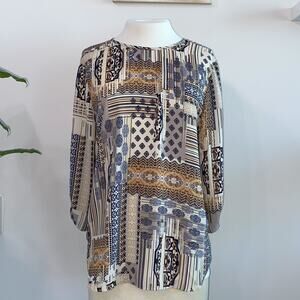 *6/$35* Pink Owl Small Brown blue Boho geometric print blouse lightweight
